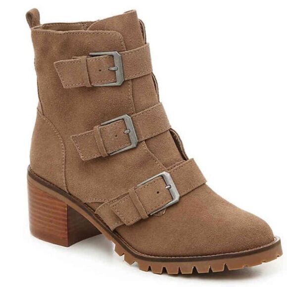 Crown Vintage Asisa Tan Suede Leather Triple Buckle Straps Moto Ankle Boots Sz 8 - Picture 1 of 15
